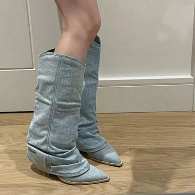 Aubrielle™ Blau Denim Oberschenkel hohe Stiefel