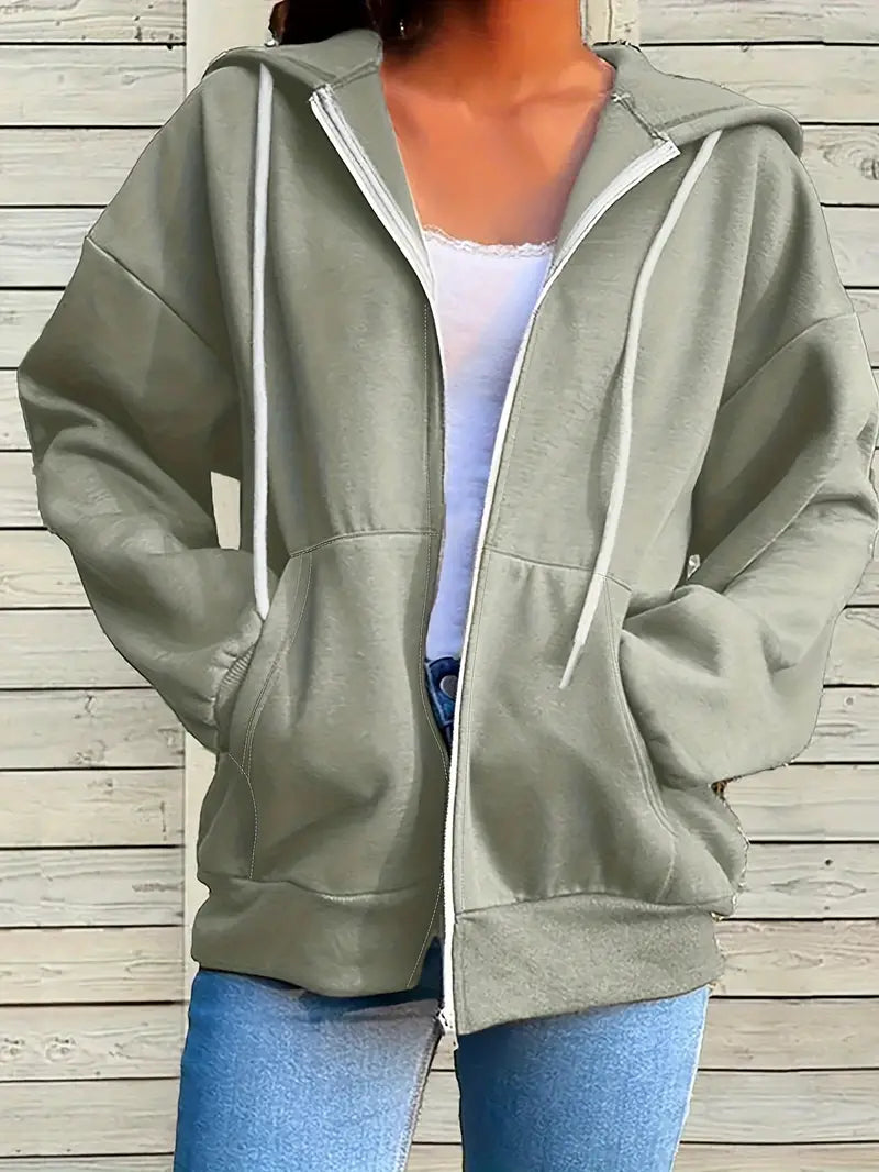 Kapuzenpulli mit Tasche, lässige Zip Up Langarm Jacke mit Kapuze und Kordelzug