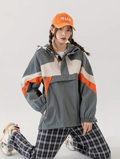 Color Blocked Hooded Drawstring Jacket, lässige Jacke mit Reißverschlusstasche