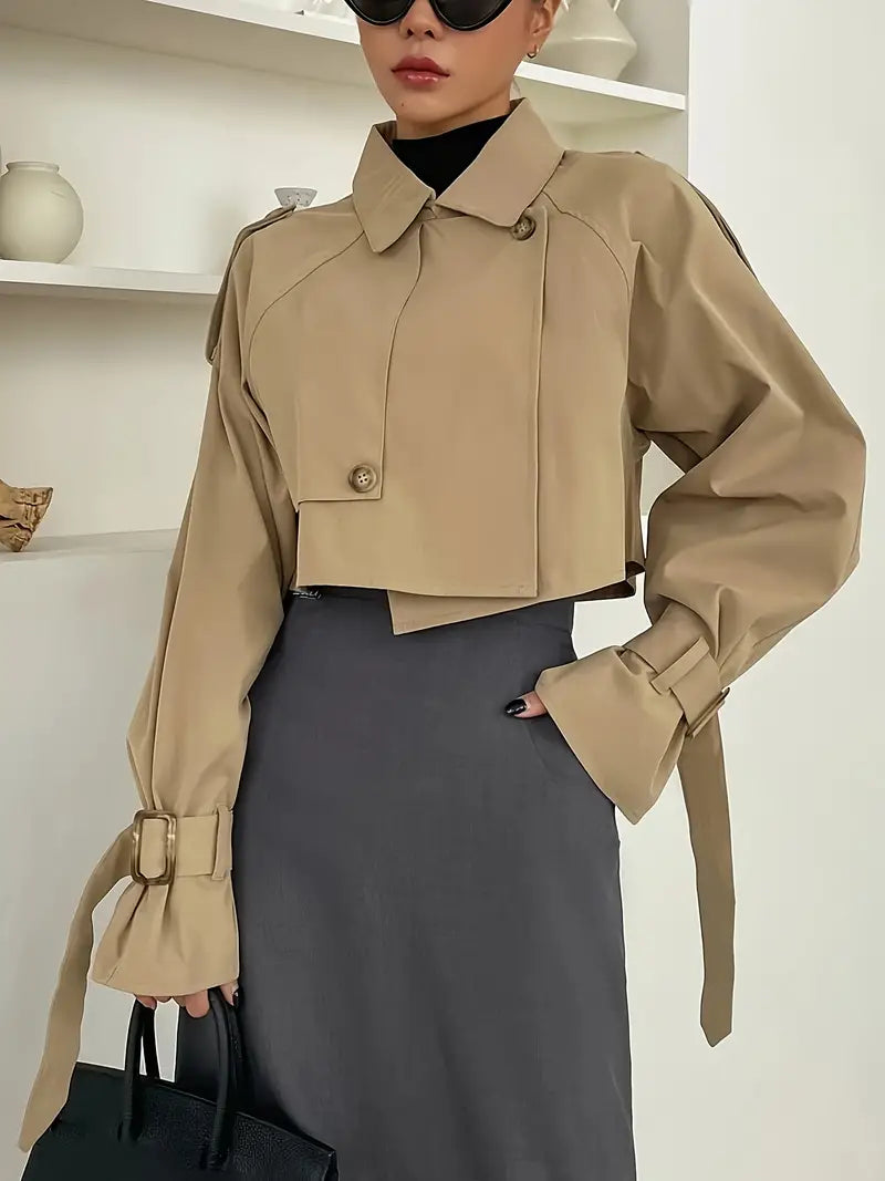 Unifarbener doppelreihiger Trenchcoat, elegante lange Ärmel