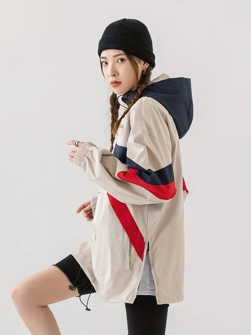 Color Blocked Hooded Drawstring Jacket, lässige Jacke mit Reißverschlusstasche