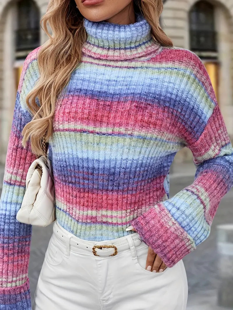 Color Block Rollkragenpullover, Eleganter Langarmpullover