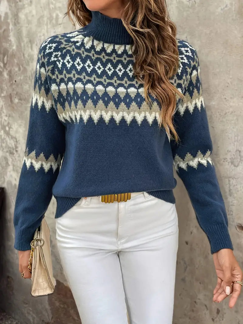 Rollkragenpullover mit Geomuster, lässiger Langarmpullover