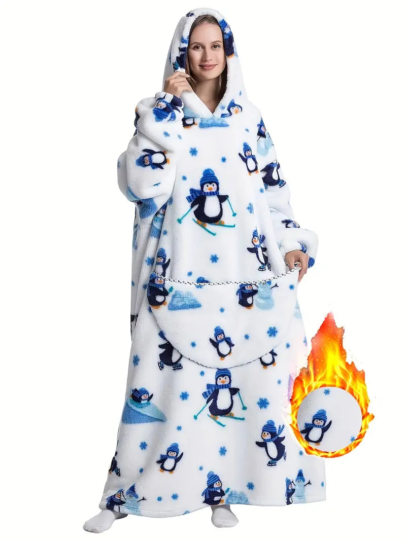 Plus Größe Cartoon Pinguin Druck Mantel, lässig lange Ärmel Fuzzy Hooded Outwear