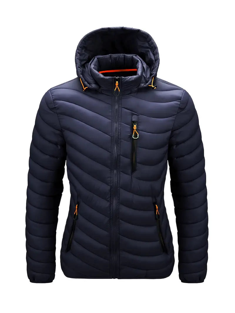 Solide Farbe Zip Up Hooded Imitation Daunenjacke, lässig lange Ärmel