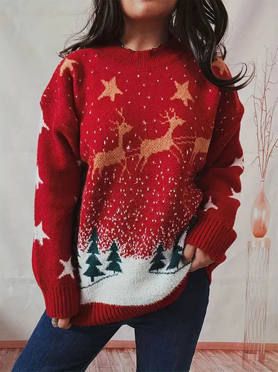 Eleganter Weihnachts-Rentier-Strickpullover für Frauen - kuscheliges Polyester