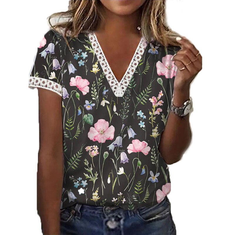 Florales Spitzen-V-Ausschnitt Shirt: Luftiges Design, Zarte Spitze