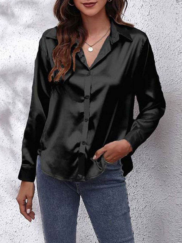 Isabellas Satinbluse für Damen | Lockere Passform | Knopfleiste | Seidiges Langarmshirt