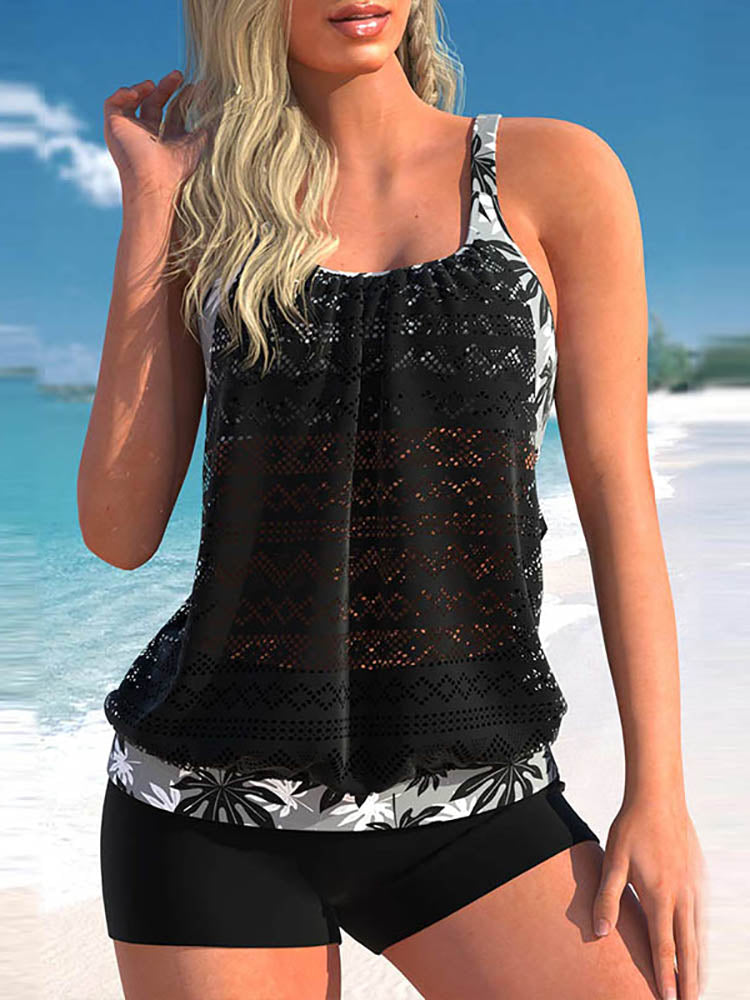 Plus Größe Spitze Nähen Cyan Blatt drucken Tankini Set