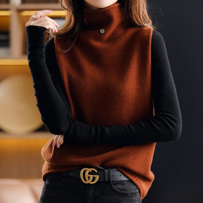 Sophia Damen Vintage Turtleneck Weste - Solide lockere ärmellose Strickweste