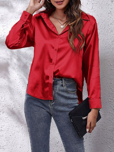 Isabellas Satinbluse für Damen | Lockere Passform | Knopfleiste | Seidiges Langarmshirt