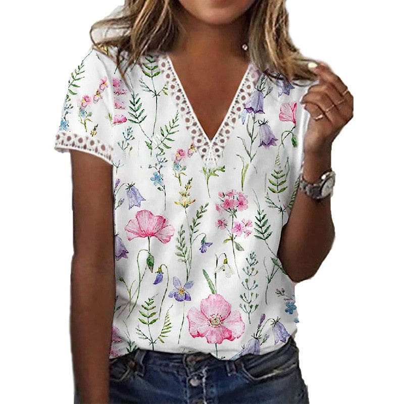 Florales Spitzen-V-Ausschnitt Shirt: Luftiges Design, Zarte Spitze