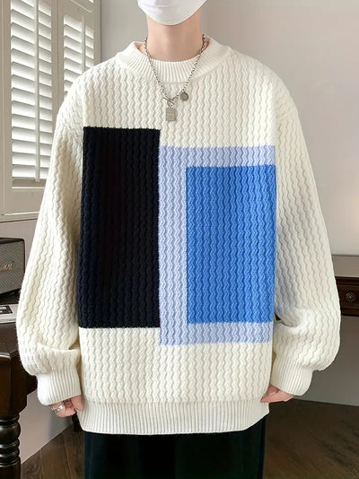 Geometrischer Grafikdruck, gestrickter Pullover für Männer, Farbe Block