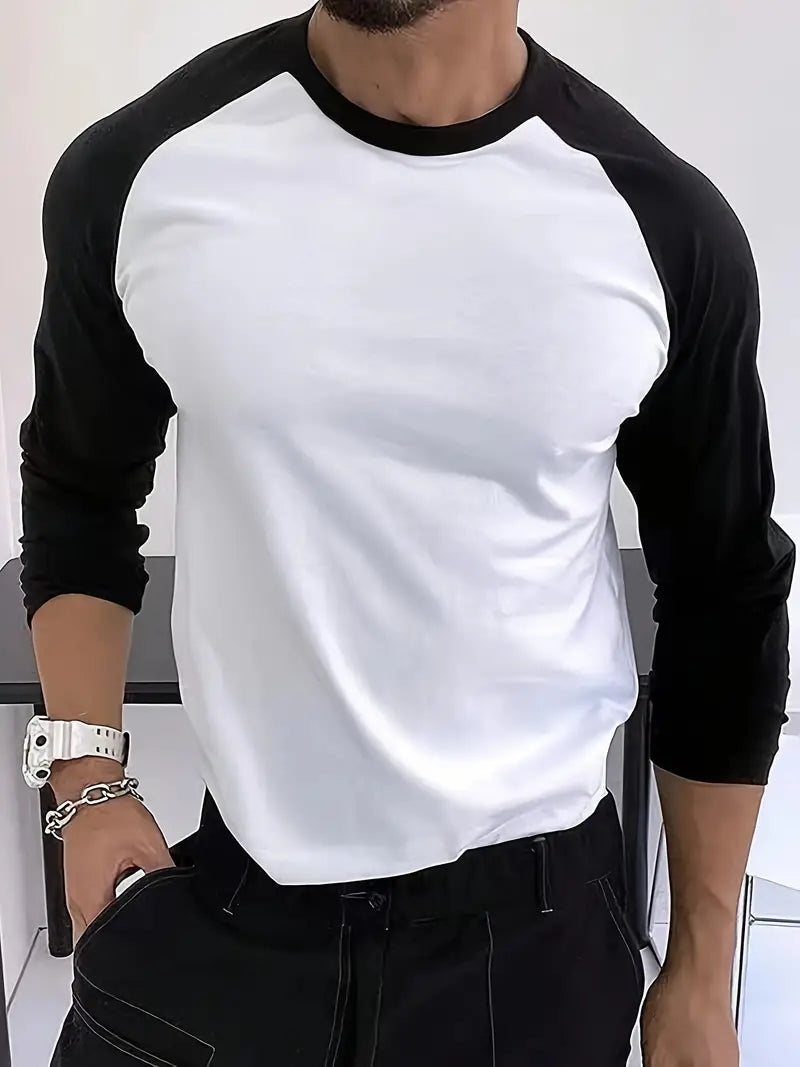 Herren Trendy Color Block Langarm Shirt mit Rundhalsausschnitt