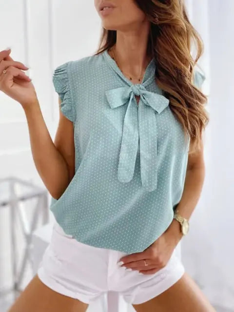 Bettina - Damen Sommerliche Ärmellose Bluse mit Polka Dots, Rüschen und Schleifen-Detail