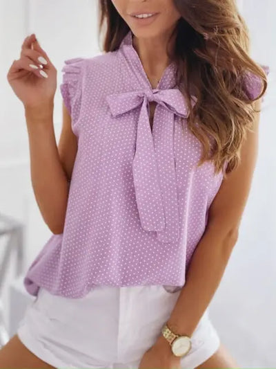 Bettina - Damen Sommerliche Ärmellose Bluse mit Polka Dots, Rüschen und Schleifen-Detail