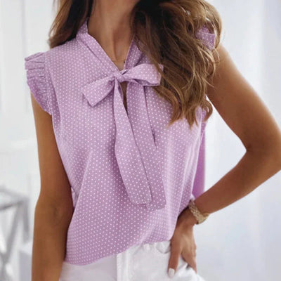 Bettina - Damen Sommerliche Ärmellose Bluse mit Polka Dots, Rüschen und Schleifen-Detail