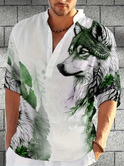 Henley-Shirt mit Stehkragen und Wolf-Print