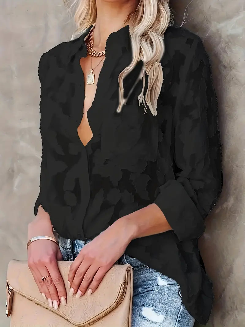 Elegant Sheer Jacquard Button-Up Blouse