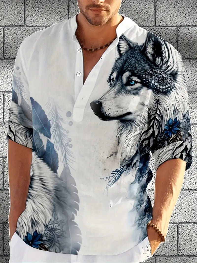 Henley-Shirt mit Stehkragen und Wolf-Print