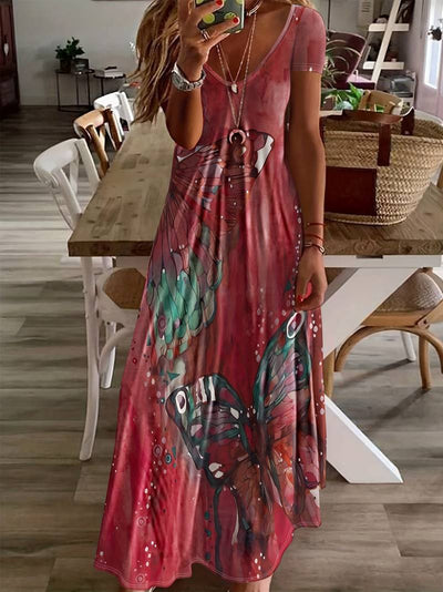 Grace – kleid mit v-ausschnitt und schmetterlingsdruck für frühling und sommer