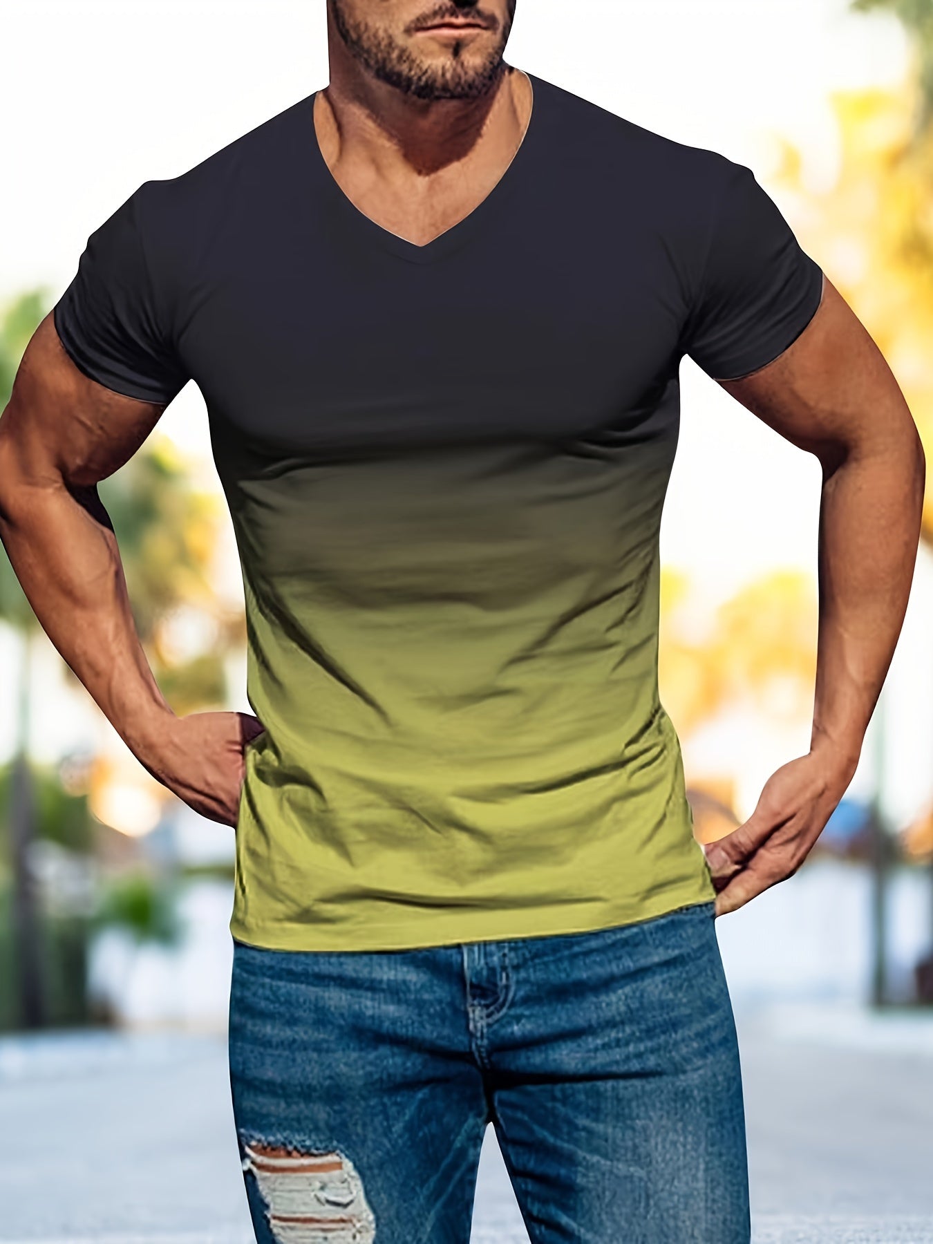 Graues Gradient V-Ausschnitt T-Shirt für Herren - Ben