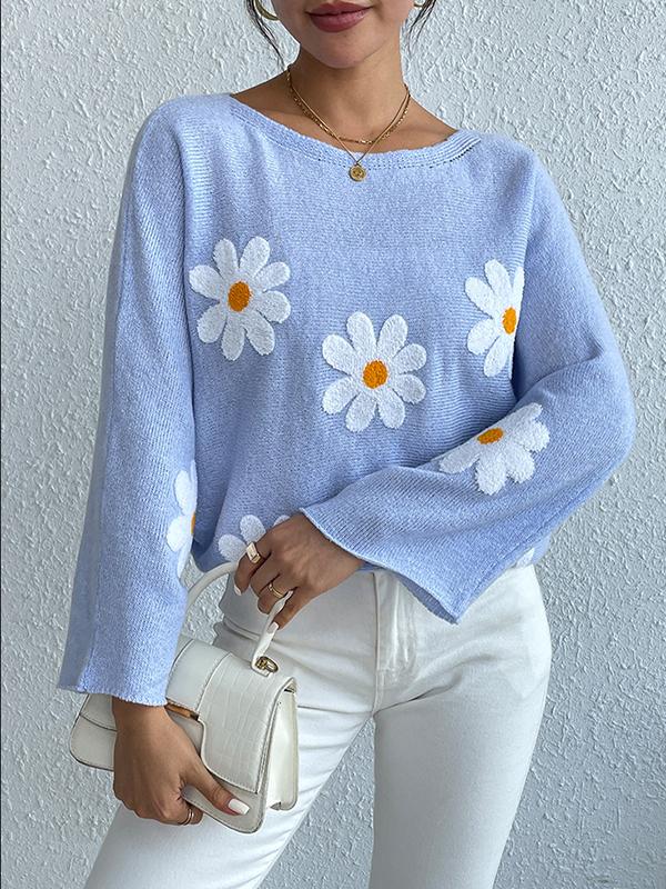 Mia – Blauer Blumenstickerei-Pullover