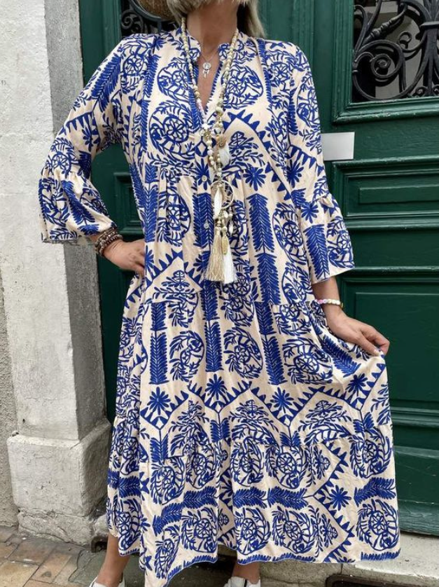 DolceMode | Langärmeliges Maxikleid mit Paisley-Print und Knopfleiste