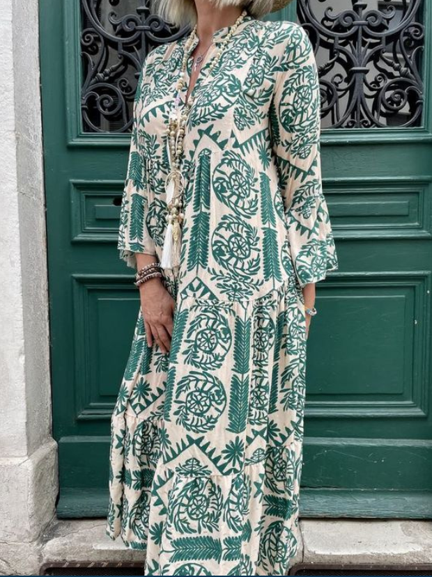 DolceMode | Langärmeliges Maxikleid mit Paisley-Print und Knopfleiste